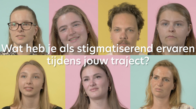 Afbeelding van allerlei jongeren met de tekst: "Wat heb je als stigmatiserend ervaren tijdens jouw traject?"