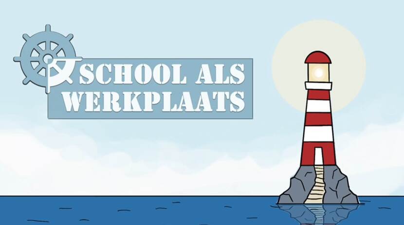 Logo School als werkplaats. Een vuurtoren op een klif bij de zee.