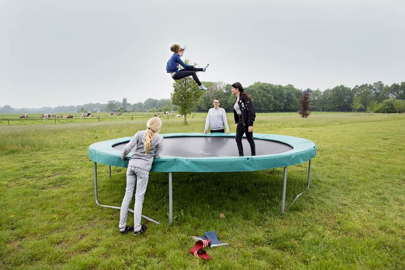 In een weiland staat een trampoline waar vier kinderen spelen. Twee meiden springen op het trampoline. Een jongen en een meisje kijken toe.