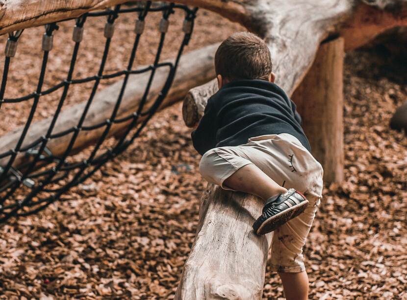 Een jongetje klimt over een grote boomstam