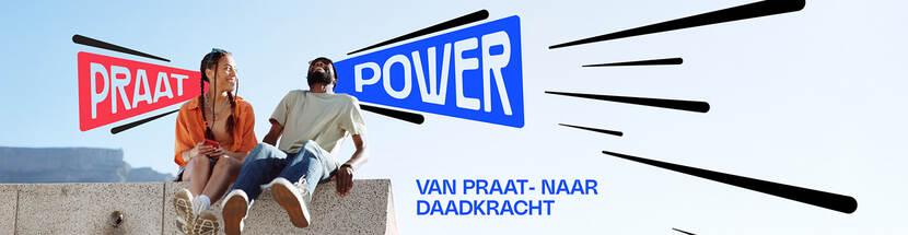 Afbeelding van twee jongeren en het logo van Praatpower en de tekst van praat- naar daadkracht